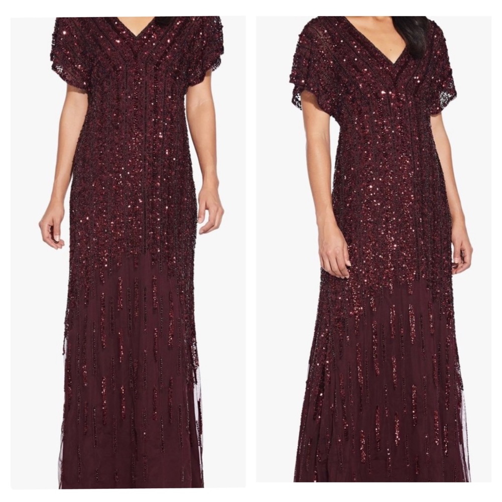 Adrianna Papell Flutter Sleeve Beaded Gown Burgundy